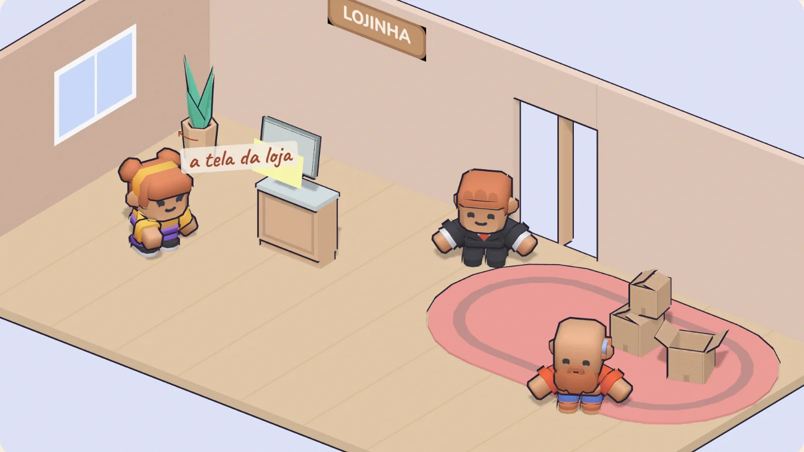 Moradores do Repartments numa lojinha: o estoque trouxe o produto até o balcão, a tela acende com o pedido e a cliente comemora.